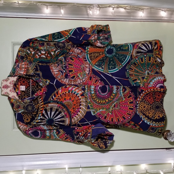 Women's Catch My I faux silk button up dress shirt kaleidoscope print S - Picture 2 of 7